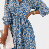 Benicia Vestido Floral de Manga Abullonada con Dobladillo Juguetón